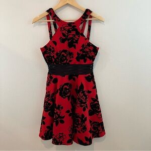 Red & Black Velvet Floral Dress